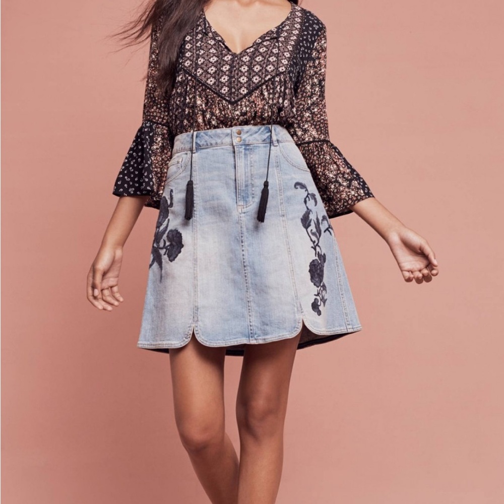 Pilcro for Anthropologie Embroidered Denim Skirt - Blue